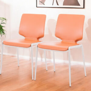 Set of Two Terra Cotta And Silver Upholstered Faux Leather Dining Side Chairs