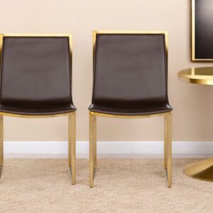 Set of Two Brown And Brass Upholstered Faux Leather Dining Side Chairs