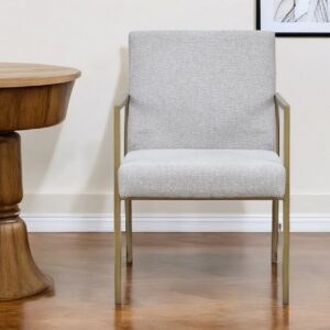 Light Gray And Brass Upholstered Fabric Dining Arm Chair