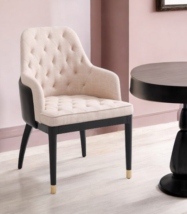 Tufted Beige And Black Upholstered Fabric Dining Arm Chair