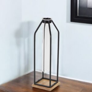12" Black Clear And Natural Metal Glass And Wood Posy Test Tube Table Vase