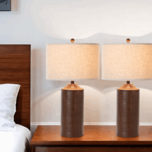 Set of Two 31" Distressed Brown Table Lamp USB With Beige Drum Shade