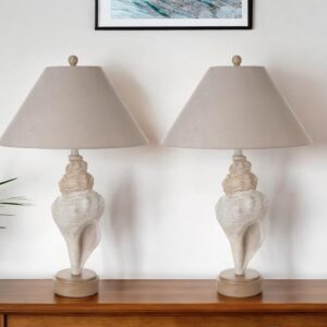 Set of Two 30" Beige and Brown Novelty Table Lamp Coastal With Tan Empire Shade