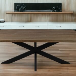 82" Natural And Black Solid Wood And Iron Pedestal Base Dining Table