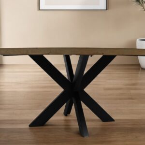 60" Natural And Black Rounded Solid Wood And Iron Pedestal Base Dining Table