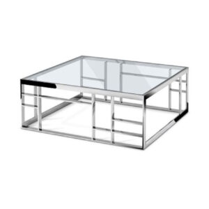 40" Clear and Silver Glass And Stainless Steel Square Frame Coffee Table