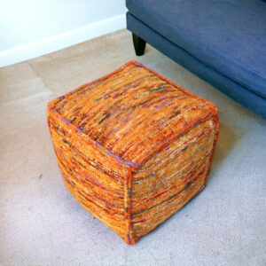 18" Orange Recycled Silk and Cotton Blend Cube Pouf Ottoman