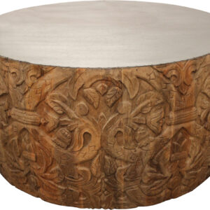 32" White and Natural Iron and Solid Wood Round Drum Coffee Table