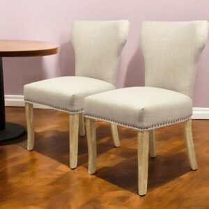 Set of Two Ivory and Natural Upholstered Fabric Dining Parsons Chairs