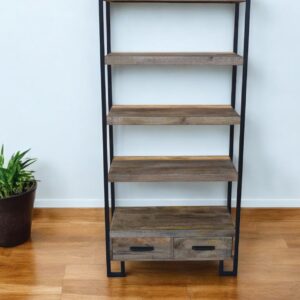 71" Brown Distressed Solid Wood Four Tier Etagere Bookcase with Two Drawers