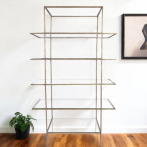 59" Antiqued Gold And Clear Iron and Glass Five Tier Etagere Bookcase