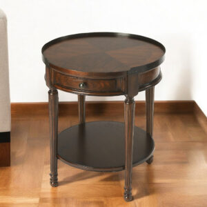 26" Dark Brown Wood Round End Table With Drawer And Shelf