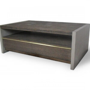 47" Brown and Dark Gray Solid Wood And Concrete Block Coffee Table With Drawer And Shelf