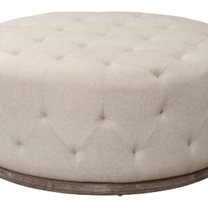 42" Ivory Velvet And Brown Tufted Round Ottoman