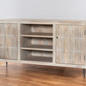 60" Ivory Carved Geometric Distressed Solid Wood Enclosed and Open Storage TV Stand