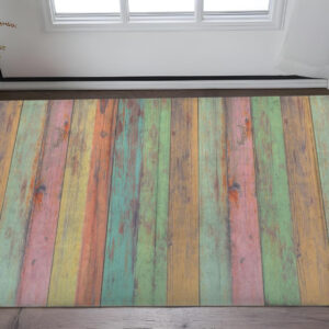 2' X 4' Distressed Aqua Green And Pink Printed Vinyl Area Rug With UV Protection