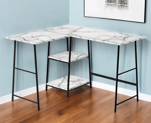42" White and Black Wood and Metal Corner Trestle Computer Desk