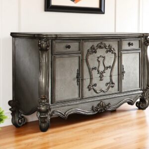 70" Platinum Carved Scrollwork Wood And Polyresin Five Drawer Triple Dresser