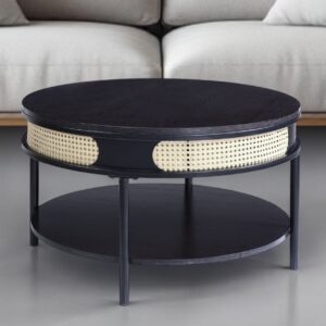 32" Black Wood And Metal Round Coffee Table With Shelf