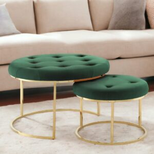 Set of Two Green Velvet and Gold Tufted Round Ottoman
