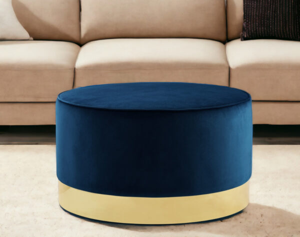 31" Navy Blue Velvet and Gold Round Cocktail Ottoman