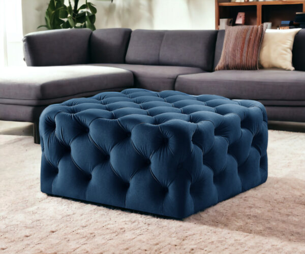 33" Navy Blue Velvet Rolling Tufted Cocktail Ottoman