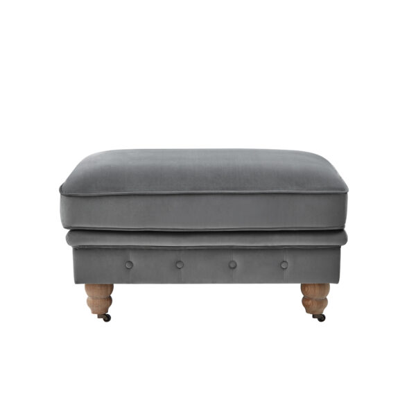 25" Gray Velvet And Natural Rolling Tufted Cocktail Ottoman