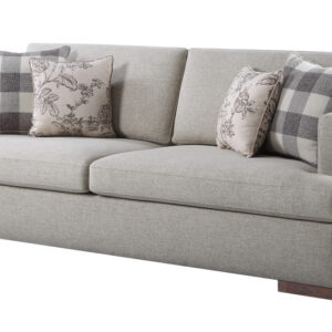 92" Beige Fabric Sofa And Toss Pillows With Brown Legs