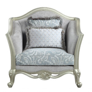 44" Light Gray and Champagne Linen Floral Arm Chair And Toss Pillows