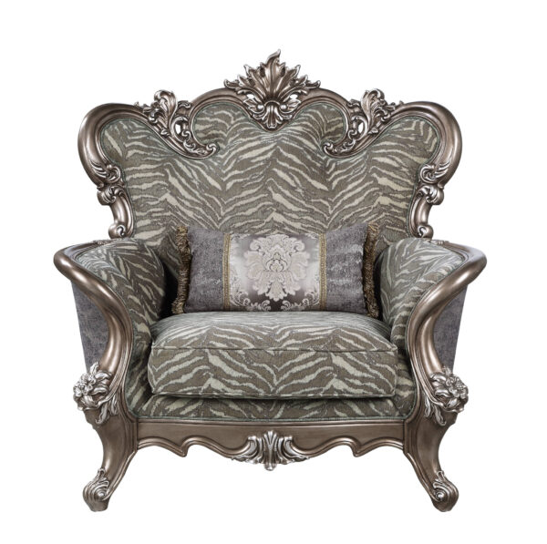 47" Gray and Antiqued Bronze Fabric Floral Tufted Wingback Chair And Toss Pillow