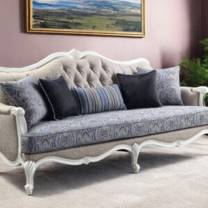 88" Cream Linen Damask Sofa And Toss Pillows With White Legs