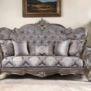 90" White Cotton Blend Damask Sofa And Toss Pillows With Bronze Legs