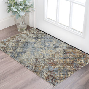 3' X 5' Brown Light Blue And Gray Distressed Diamond Area Rug
