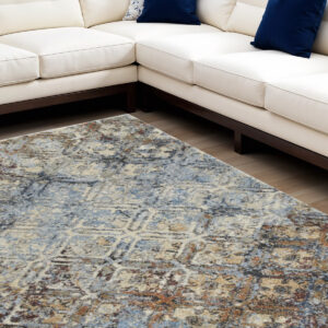 5' X 8' Brown Light Blue And Gray Distressed Diamond Area Rug