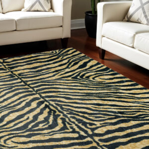 5' X 8' Black and Gold Animal Print Shag Handmade Non Skid Area Rug