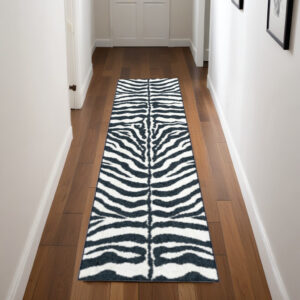 8' Black Animal Print Shag Handmade Runner Rug