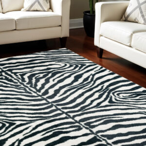 8' X 10' Black and White Zebra Print Shag Handmade Non Skid Area Rug