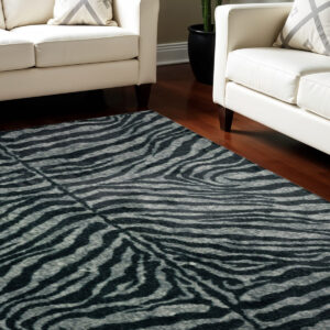 5' X 8' Black and Gray Zebra Print Shag Handmade Non Skid Area Rug