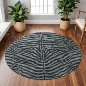 8' X 8' Black and Gray Round Zebra Print Shag Handmade Non Skid Area Rug