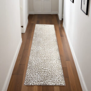 2' X 8' Beige and Cream Leopard Print Shag Handmade Non Skid Runner Rug