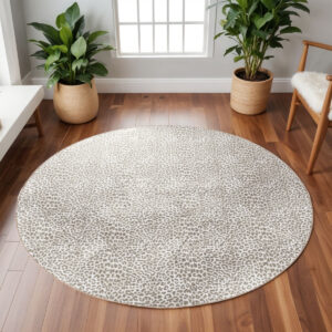 8' X 8' Beige and Cream Leopard  Round Shag Handmade Non Skid Area Rug