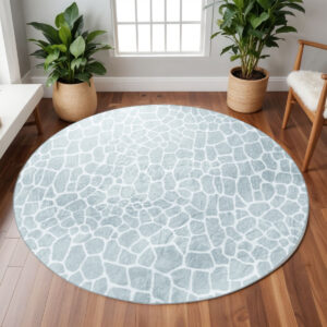 8' Gray and Ivory Round Animal Print Handmade Non Skid Area Rug