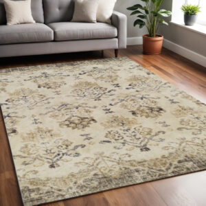 5' X 8' Beige and Brown Oriental Area Rug
