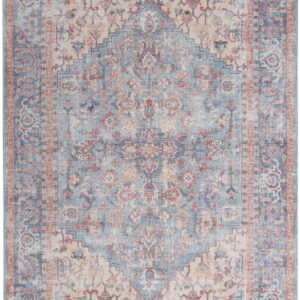 6' X 9' Blue And Orange Medallion Distressed Washable Area Rug
