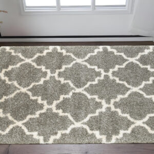 2' X 3' Grey And Ivory Geometric Shag Power Loom Stain Resistant Area Rug