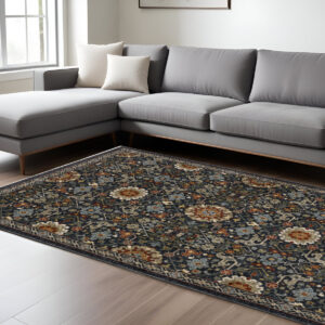 8' X 11' Blue Ivory And Red Oriental Area Rug With Fringe
