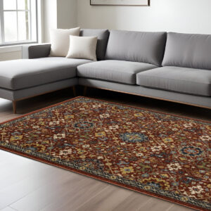 7' X 10' Red Yellow And Black Oriental Area Rug With Fringe