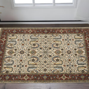 3' X 5' Ivory Red Green Grey Blue And Navy Oriental Power Loom Stain Resistant Area Rug With Fringe