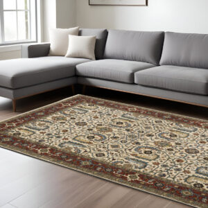 7' X 10' Ivory And Red Oriental Area Rug With Fringe