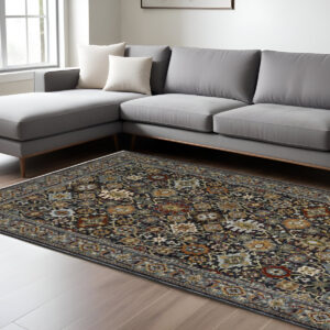8' X 11' Blue And Beige Oriental Area Rug With Fringe